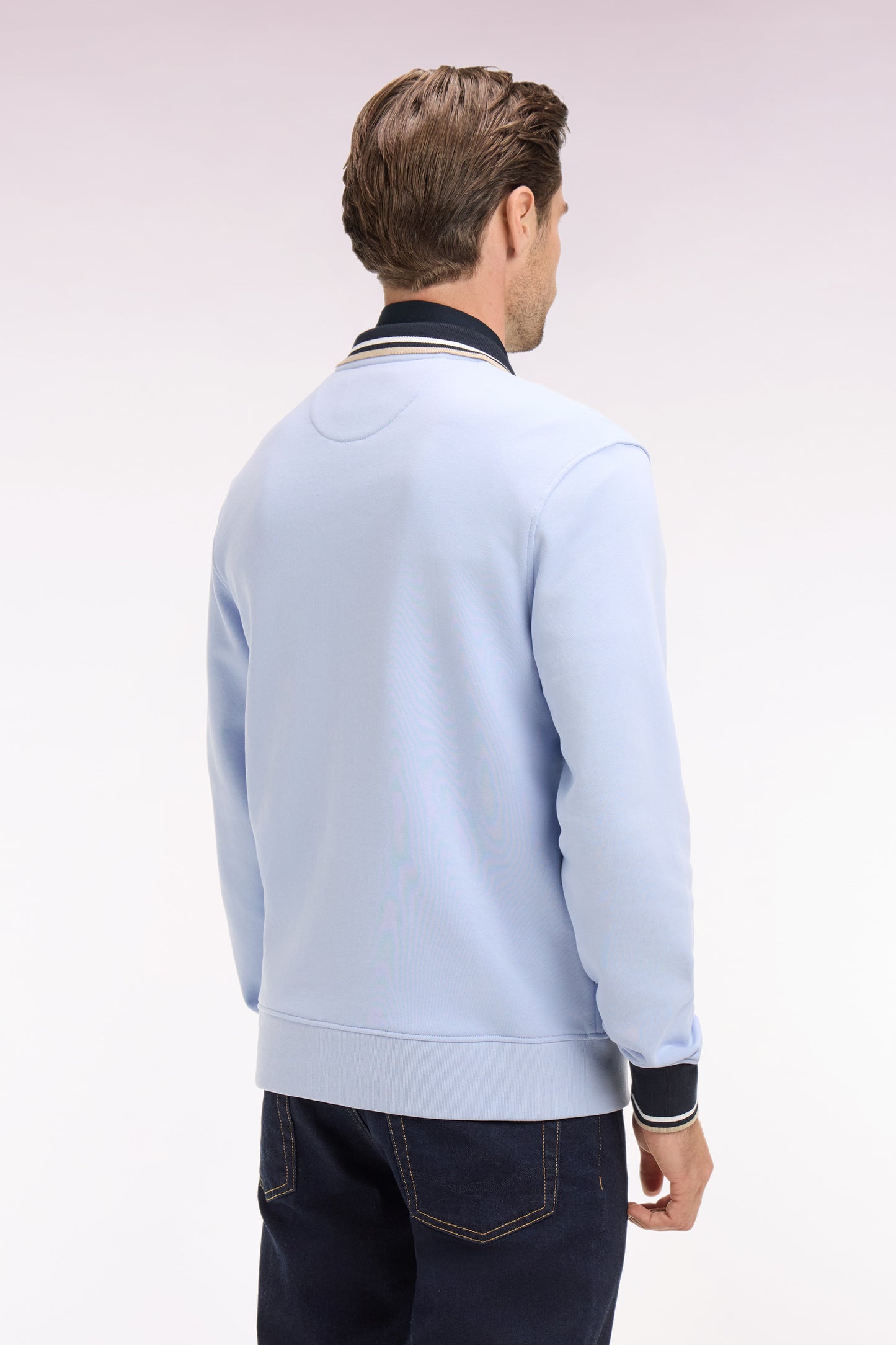 Regular fit light blue embroidered zip-neck sweatshirt