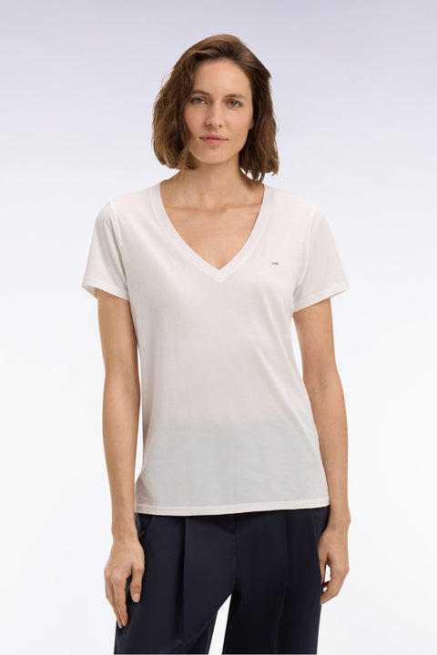 T-shirt à manches courtes col V en coton Pima blanc coupe regular - Image 3