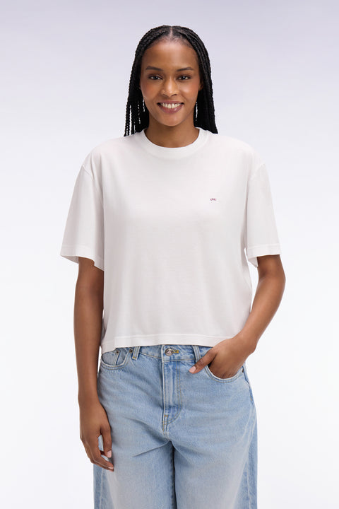Short-sleeved white lyocell and cotton t-shirt with oversized cut - Image 3