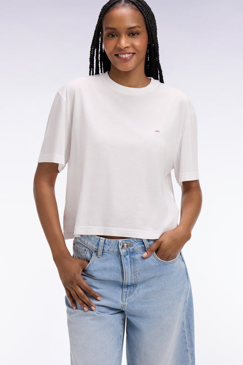 Short-sleeved white lyocell and cotton t-shirt with oversized cut - Image 1