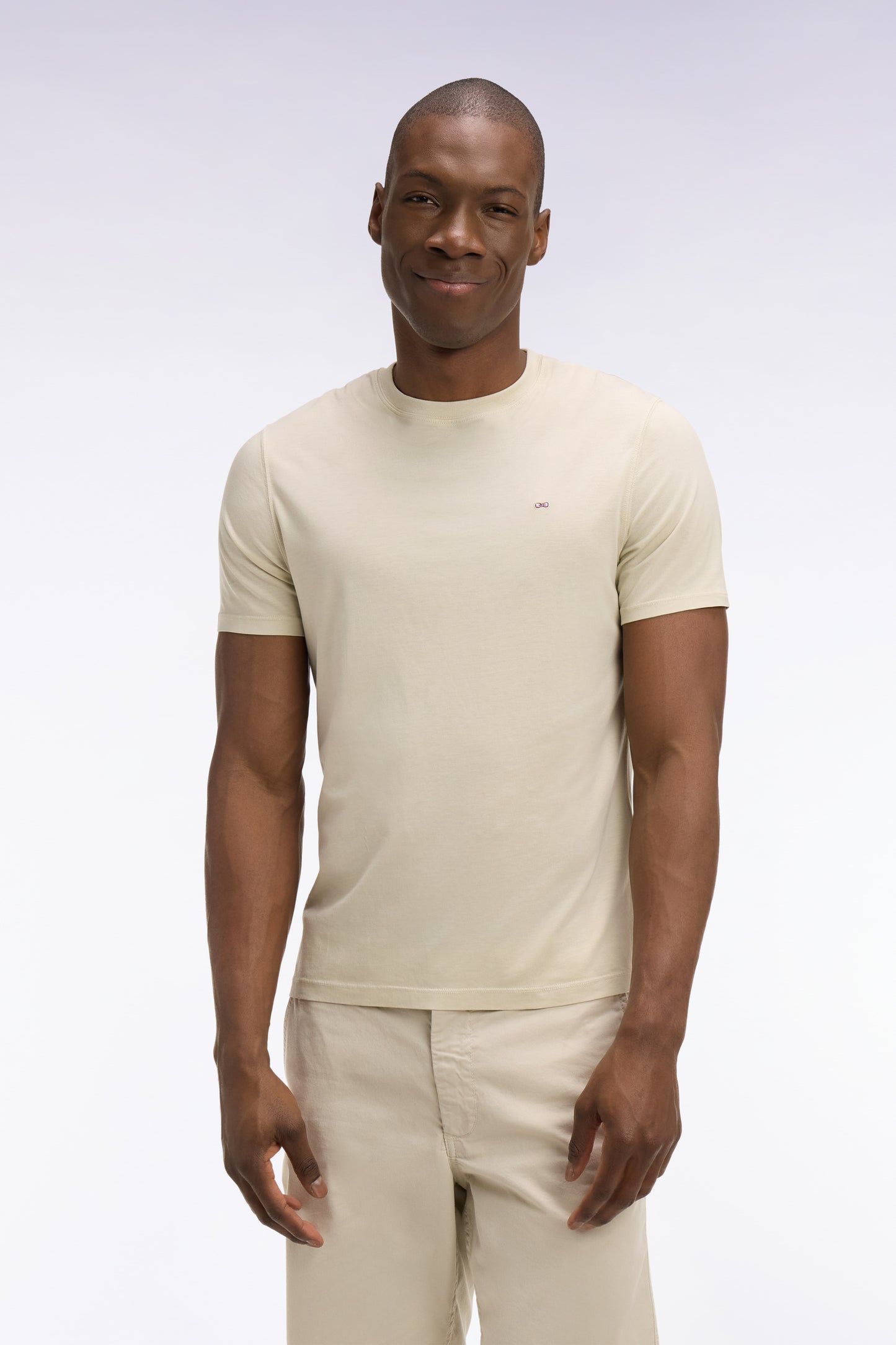 T-shirt à manches courtes en lyocell et coton beige coupe regular