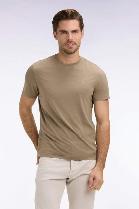Regular fit brown lyocell and cotton short-sleeved T-shirt - Image 1