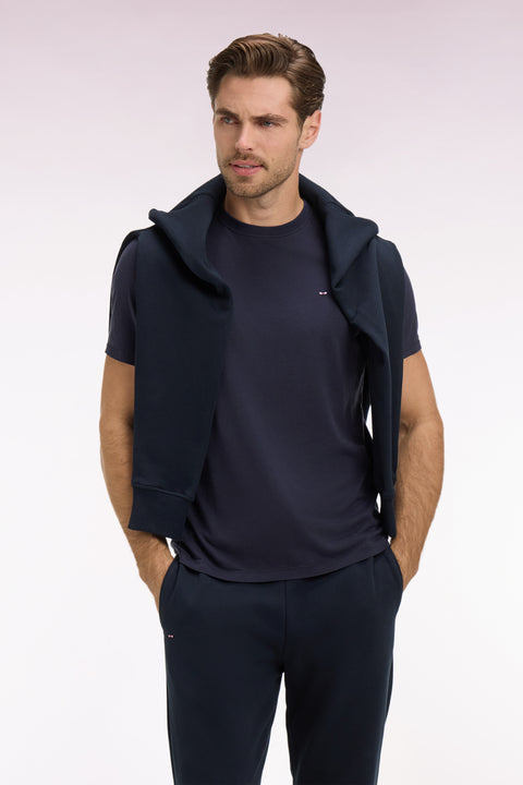 Regular fit short-sleeved navy lyocell and cotton t-shirt - Image 1