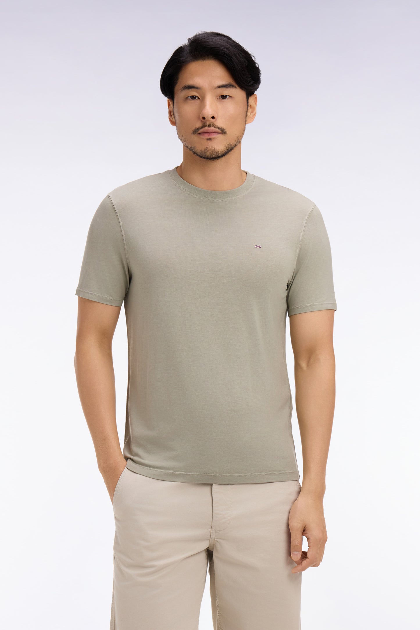 Light khaki regular-fit short-sleeved lyocell and cotton T-shirt