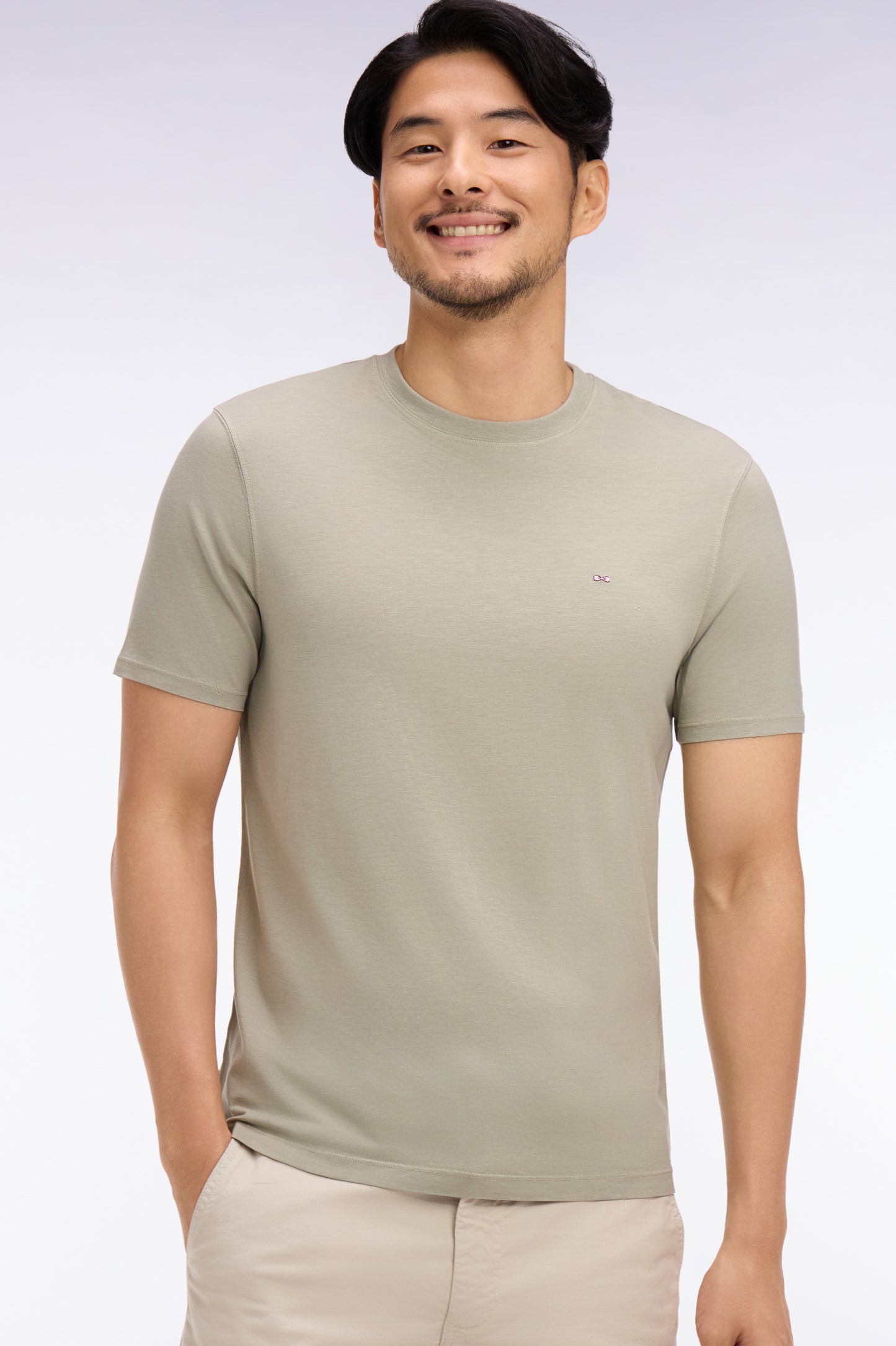 Light khaki regular-fit short-sleeved lyocell and cotton T-shirt