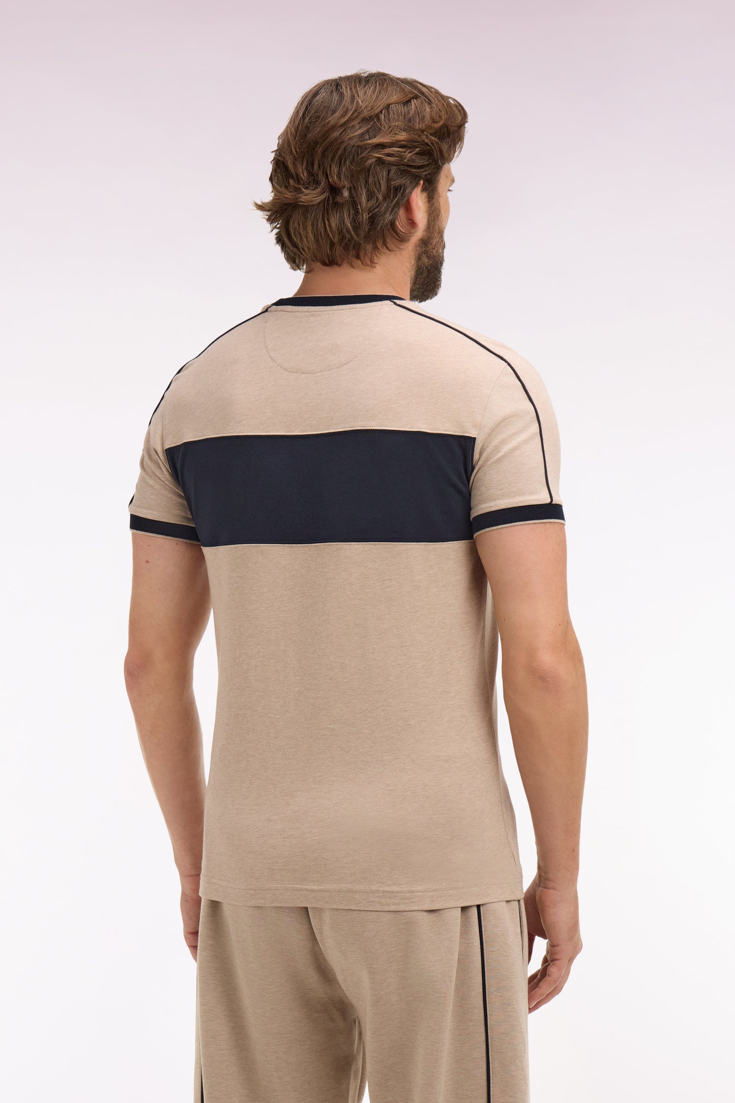 Short-sleeved beige stretch cotton T-shirt with cutouts, slim fit