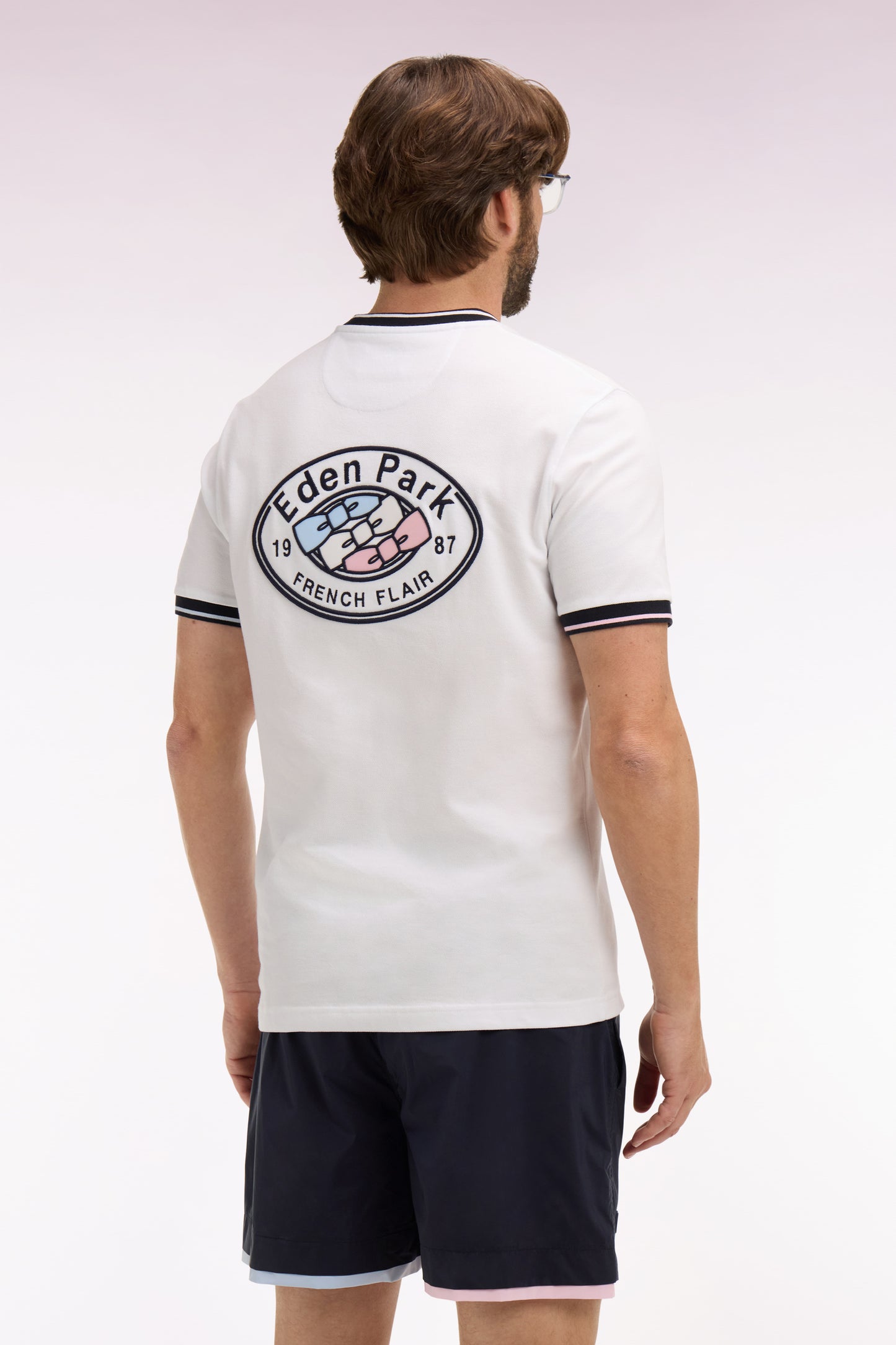 Regular fit short-sleeved white embroidered cotton T-shirt