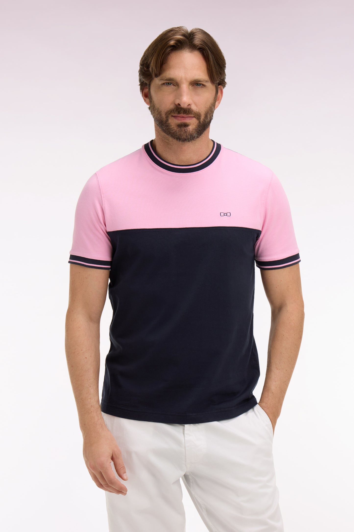 Short-sleeved t-shirt in two-tone pink and navy regular fit