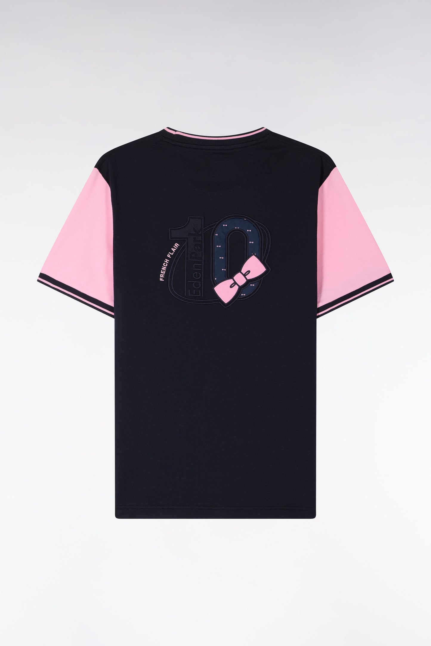 Short-sleeved navy cotton t-shirt with pink sleeves, regular fit