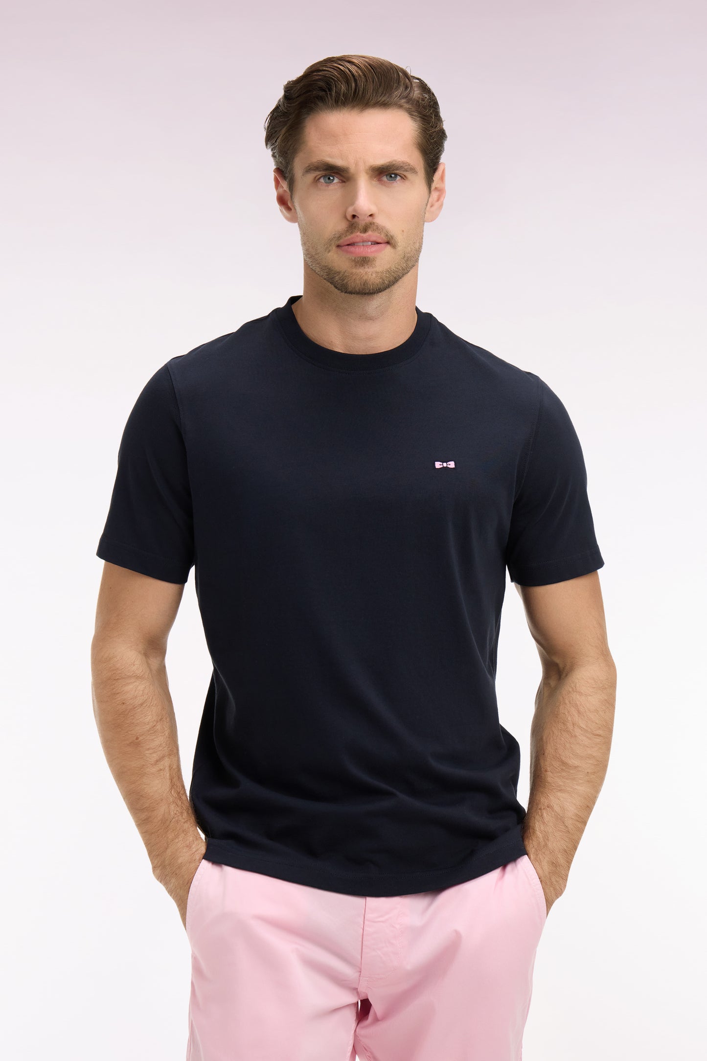 Regular fit navy screen-printed short-sleeved T-shirt