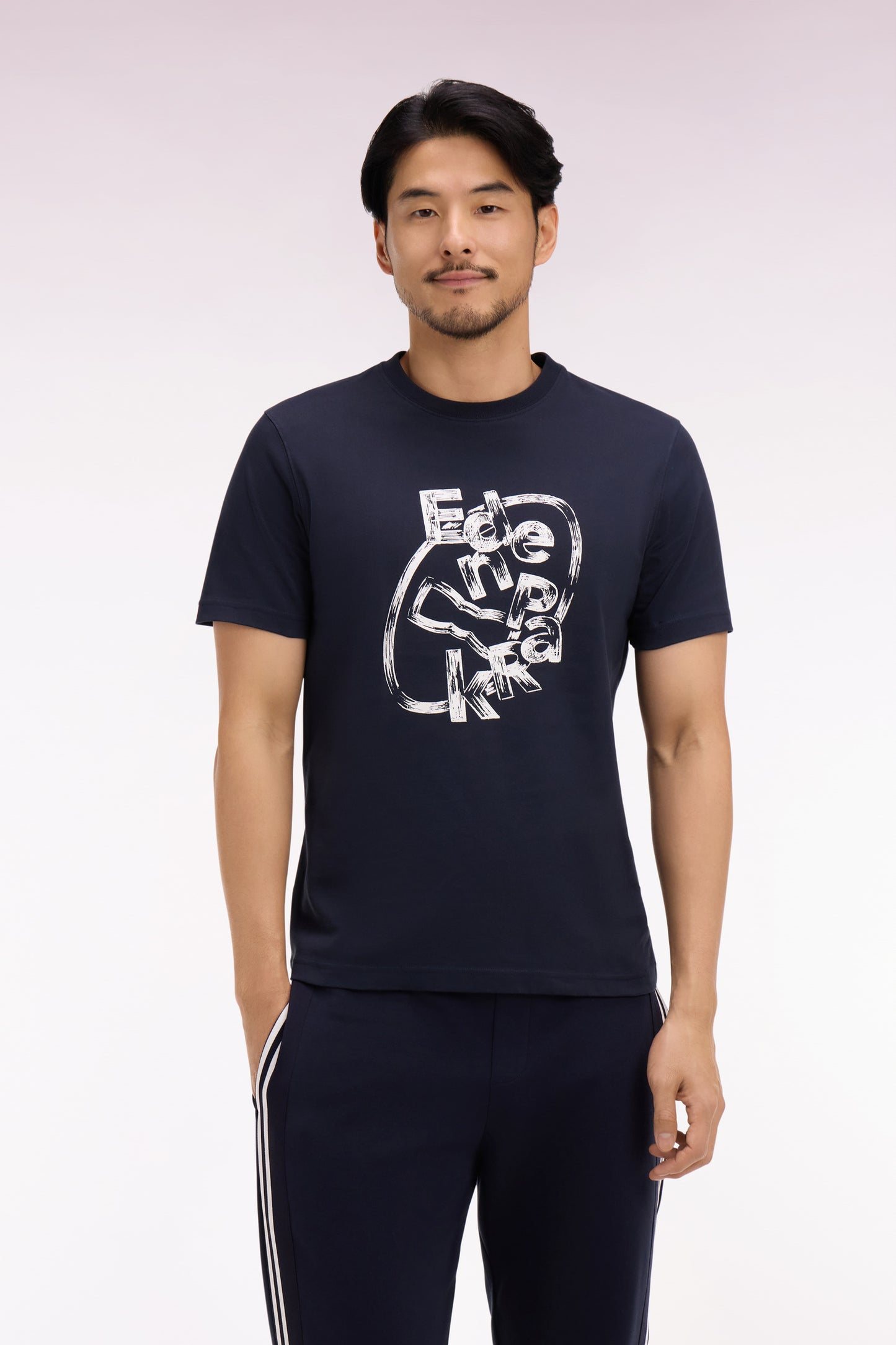 Short-sleeved T-shirt in navy screen-printed cotton, regular fit