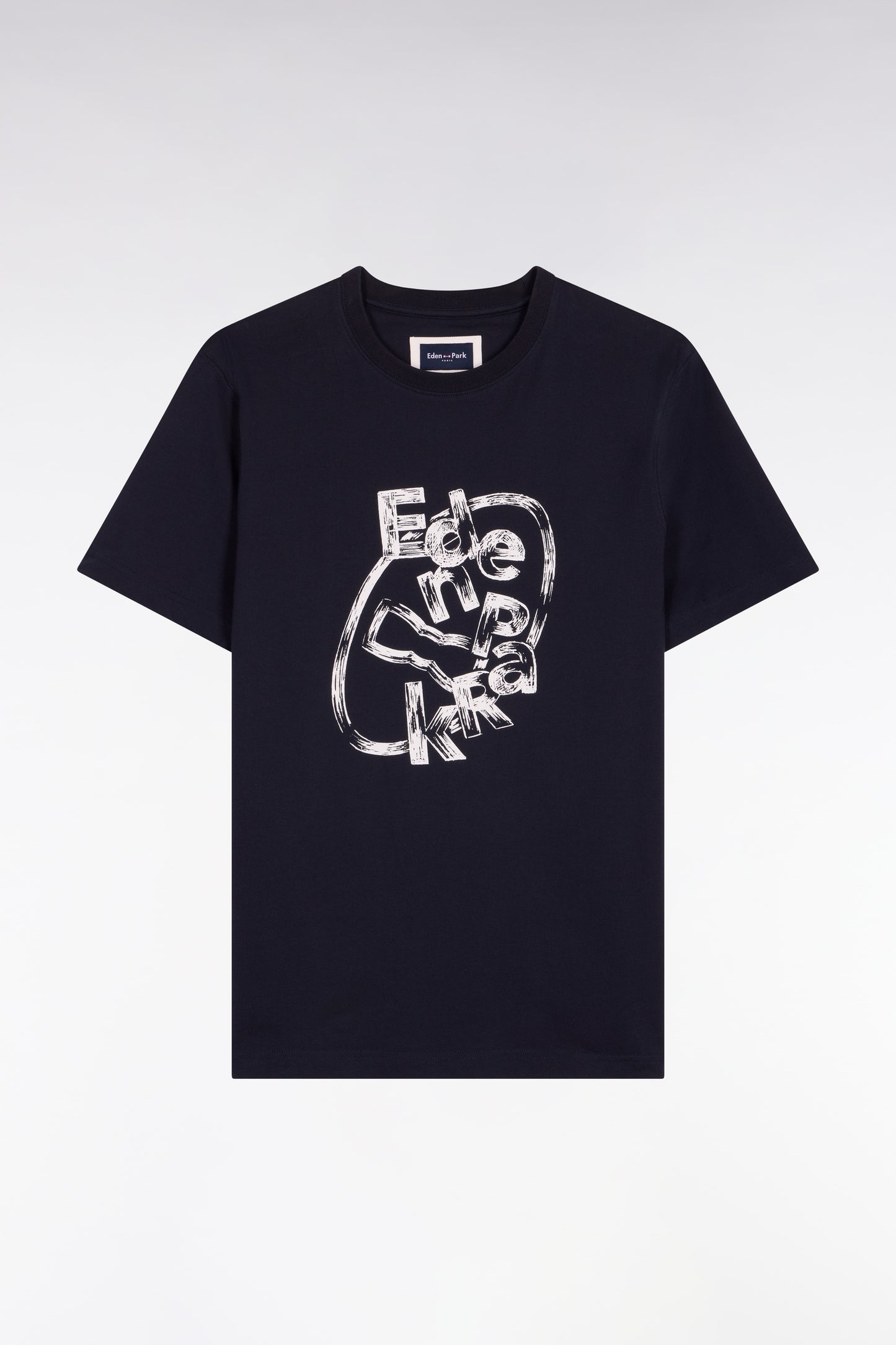 Short-sleeved T-shirt in navy screen-printed cotton, regular fit