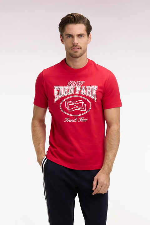 T-shirt à manches courtes en coton rouge sérigraphie écrue coupe regular - Image 3