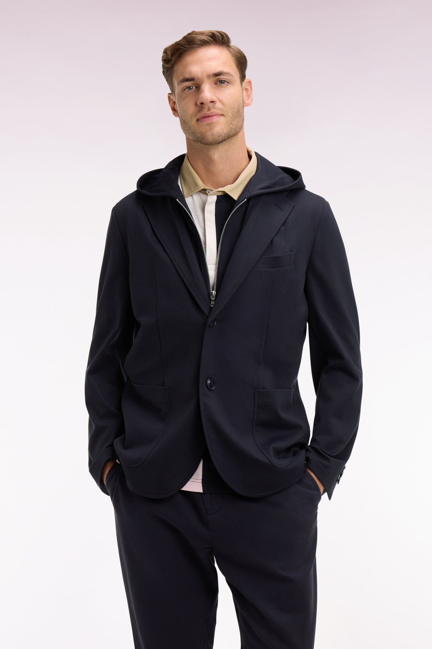 Navy jersey jacket with removable hood
