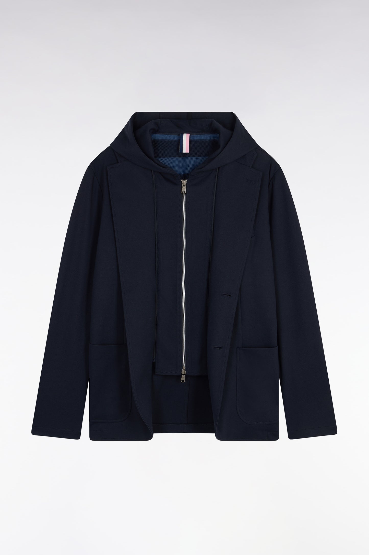 Navy jersey jacket with removable hood