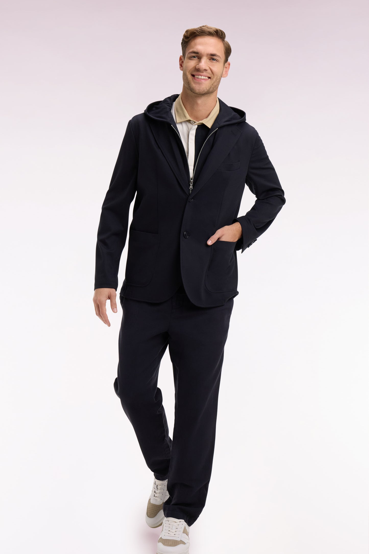 Navy jersey jacket with removable hood