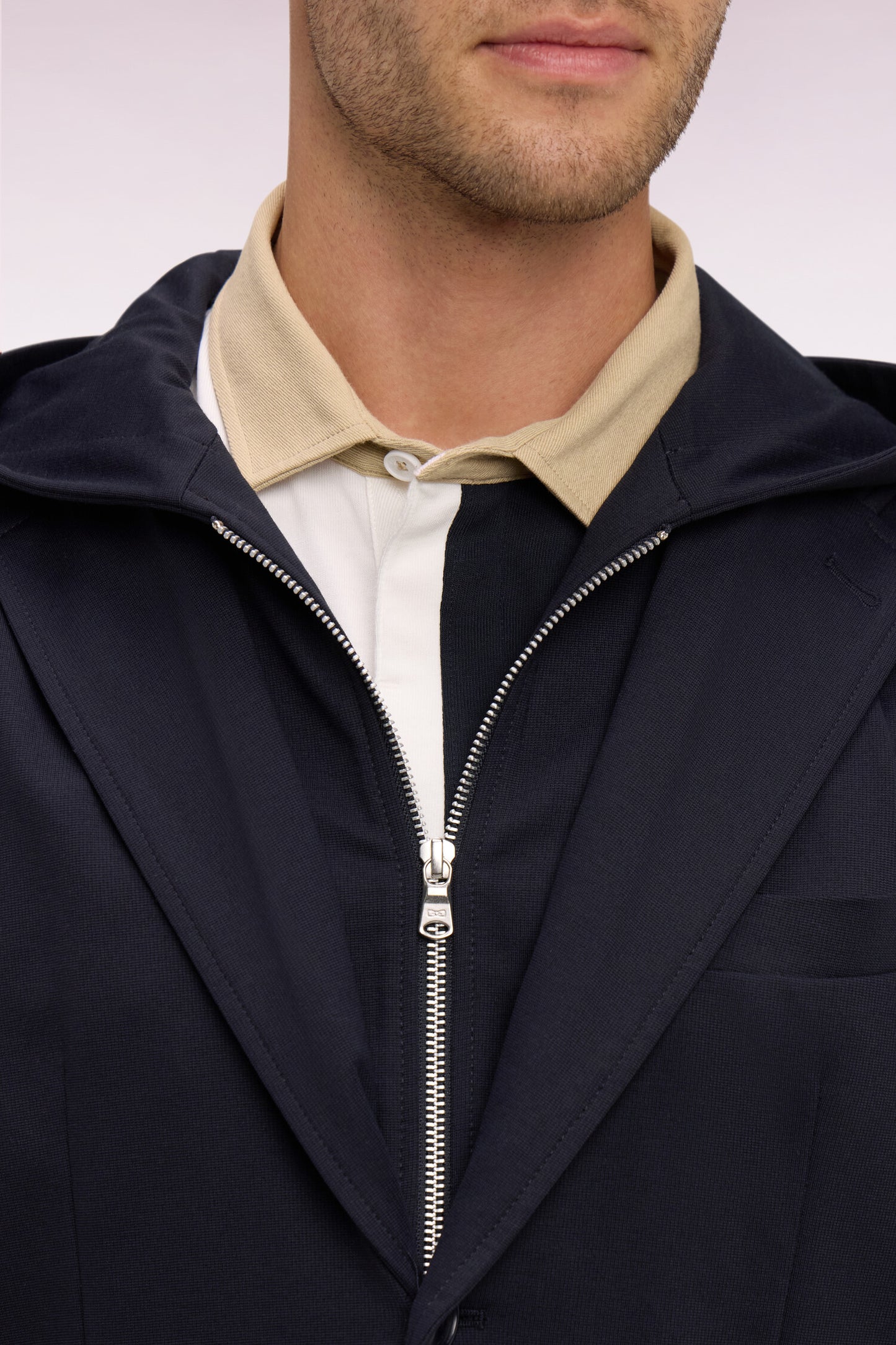Navy jersey jacket with removable hood