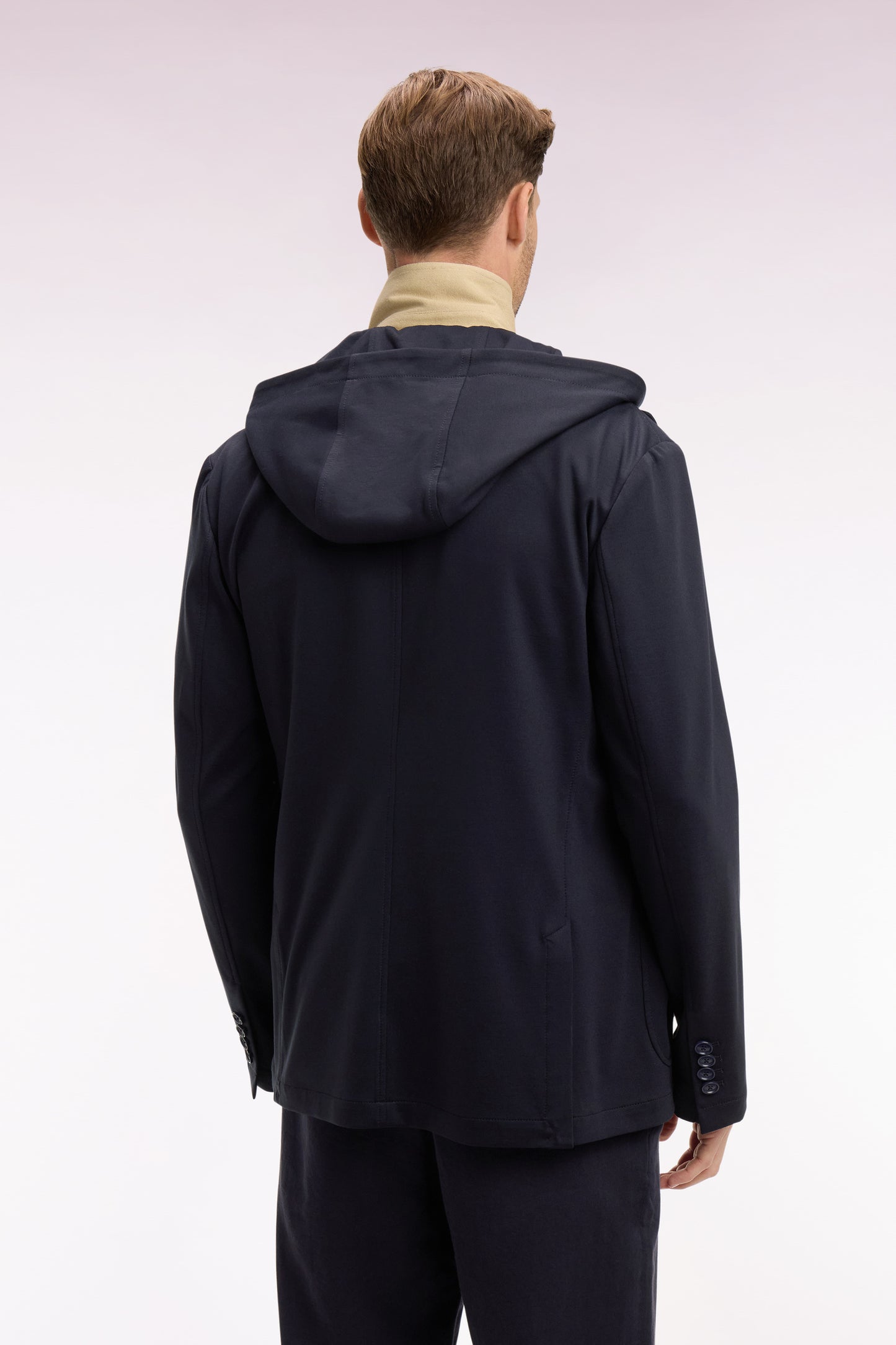 Navy jersey jacket with removable hood