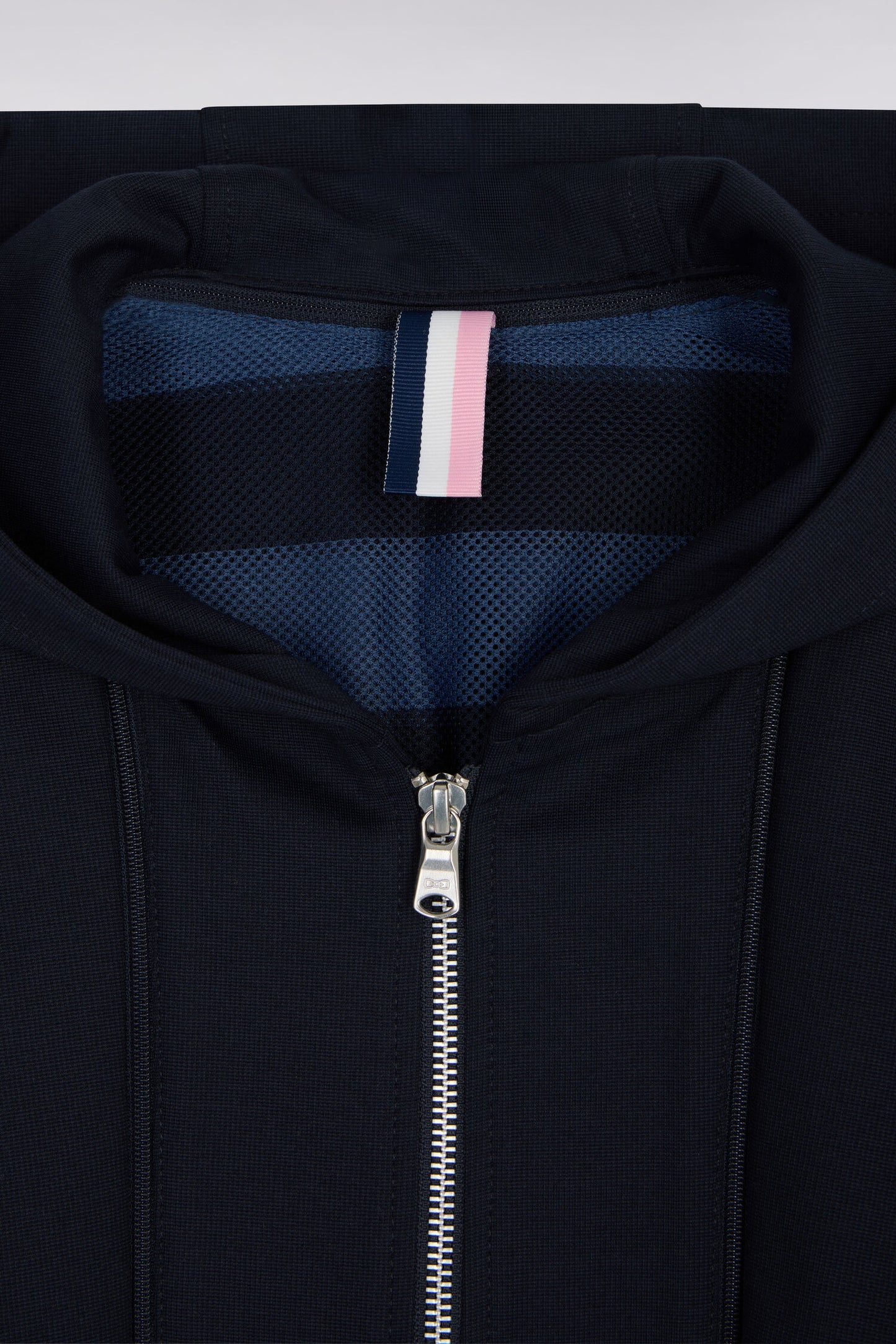 Navy jersey jacket with removable hood