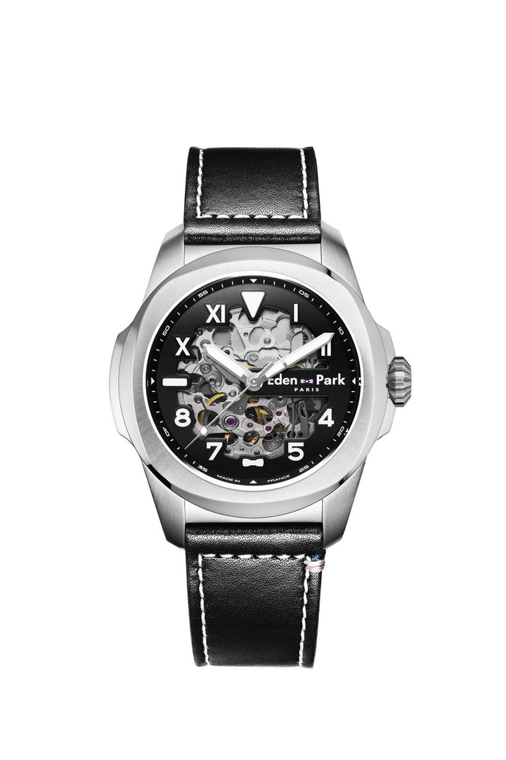 Black leather automatic skeleton watch