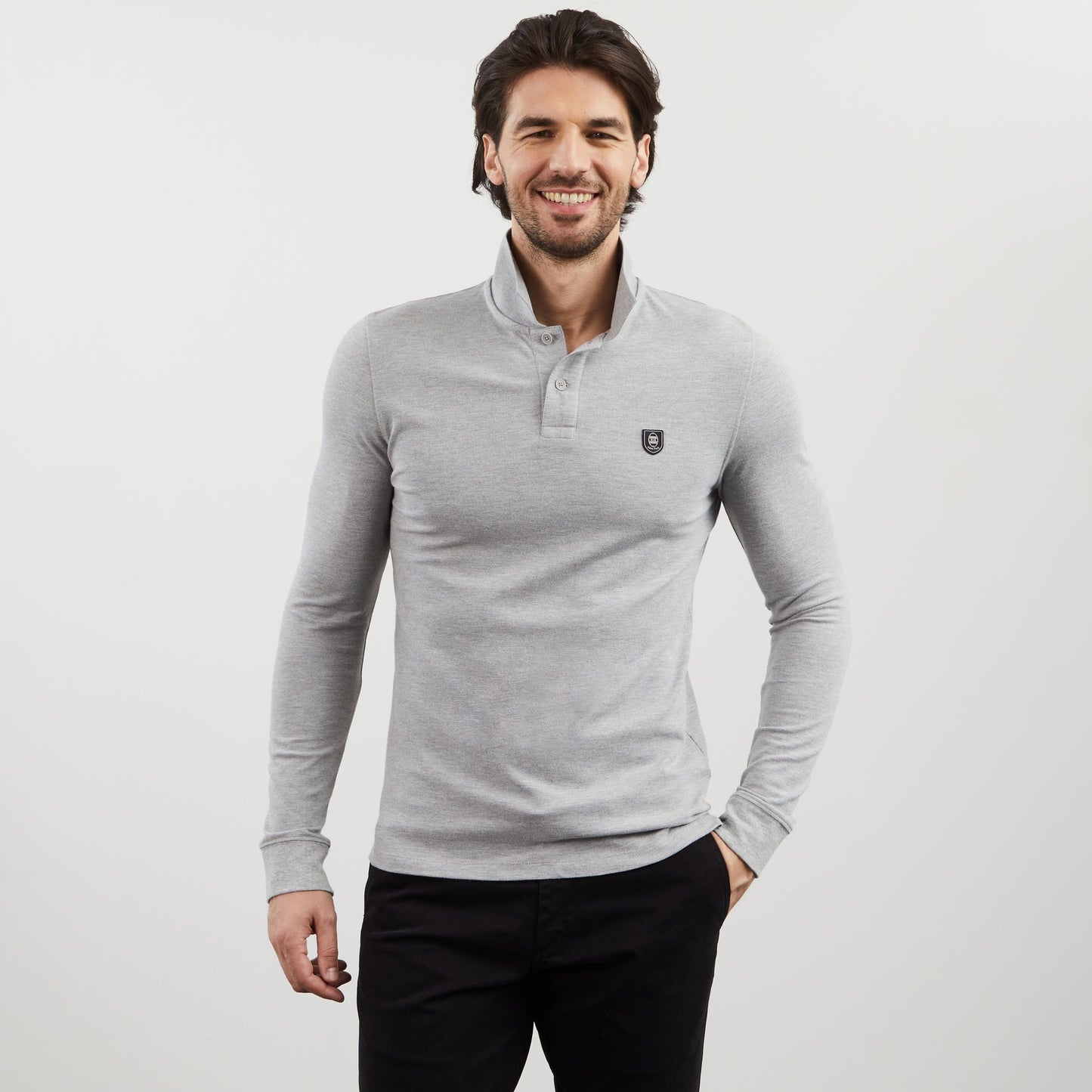 Grey long-sleeved polo shirt