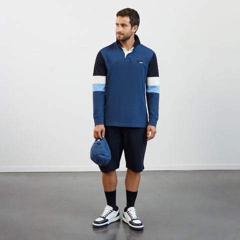 Blue colourblock polo shirt with 2023 embroidery - Image 1