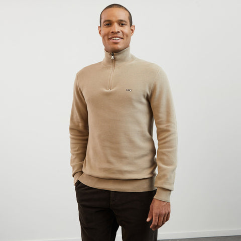 Beige zip-neck jumper in decorative cable knit - Image 1