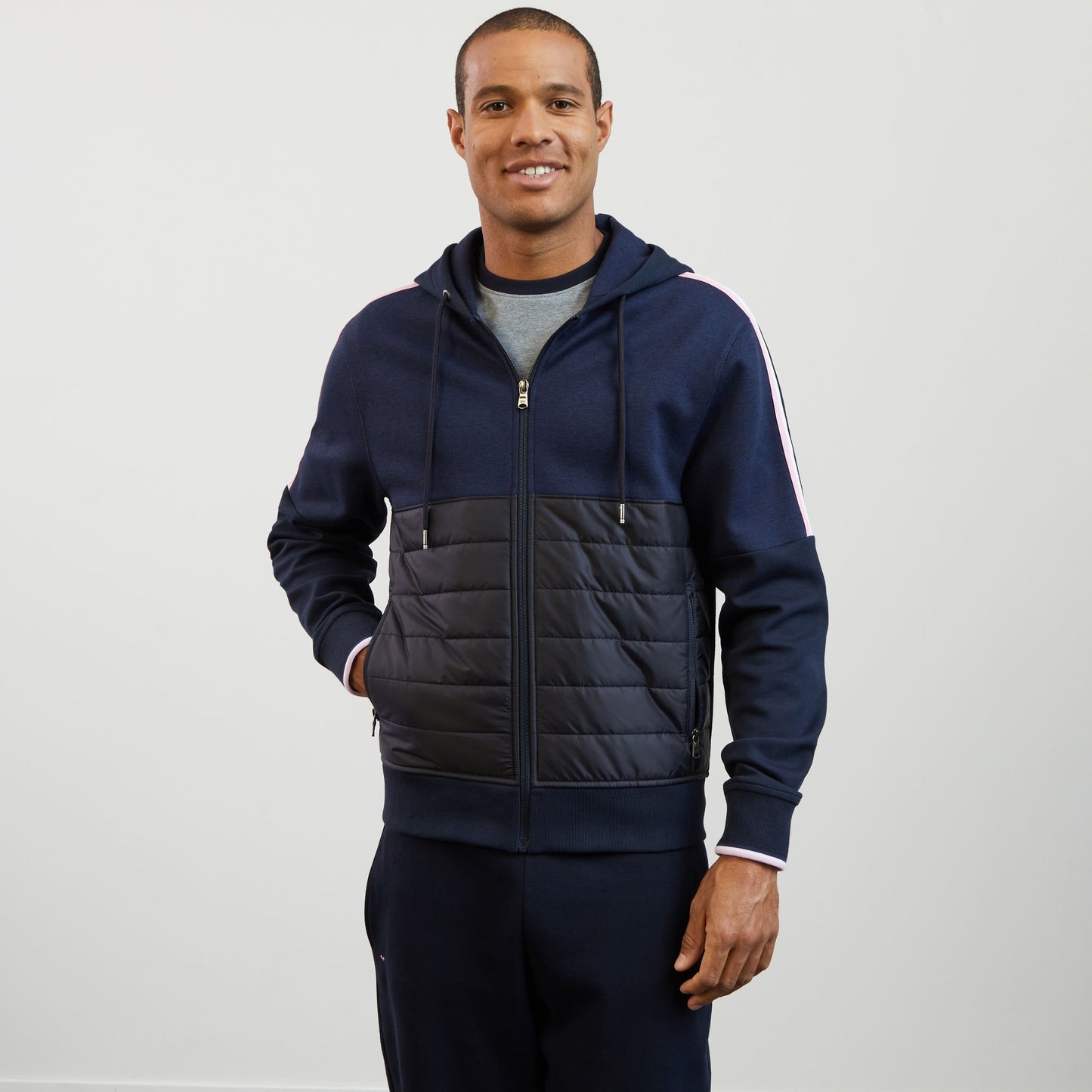 Dark blue bimaterial sweatshirt with tricolour trim