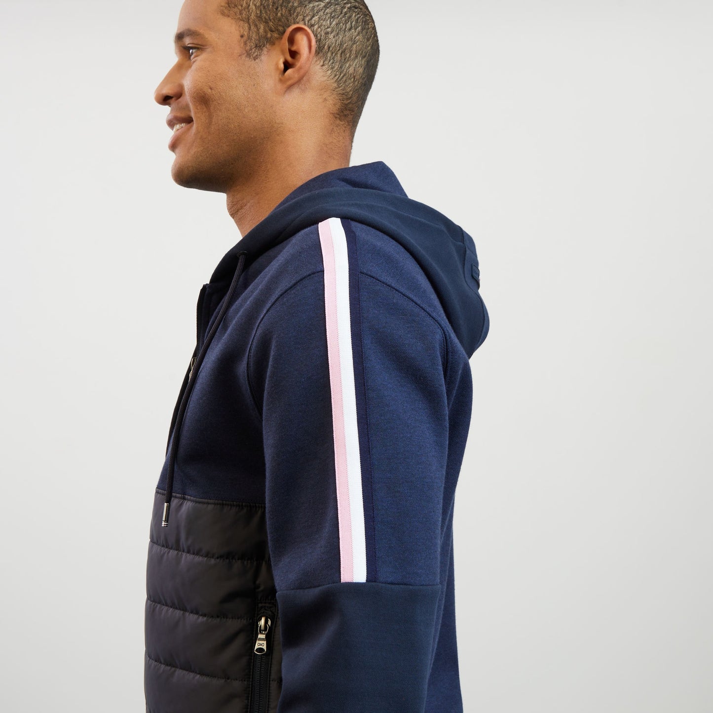 Dark blue bimaterial sweatshirt with tricolour trim