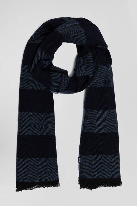 Navy blue striped mixed wool large scarf - Image 1