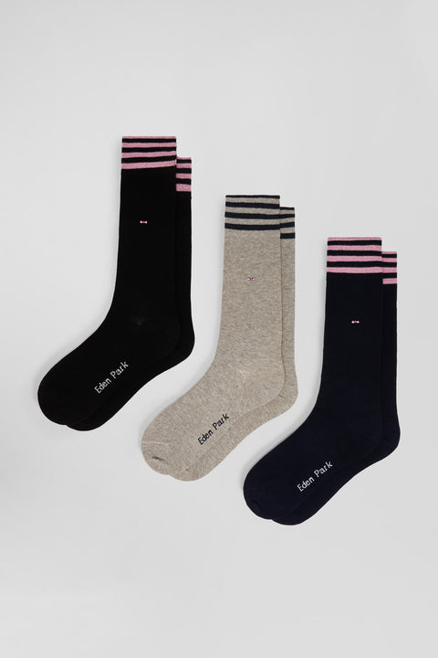 Set of 3 pairs of black stretch cotton socks with striped details - Image 1