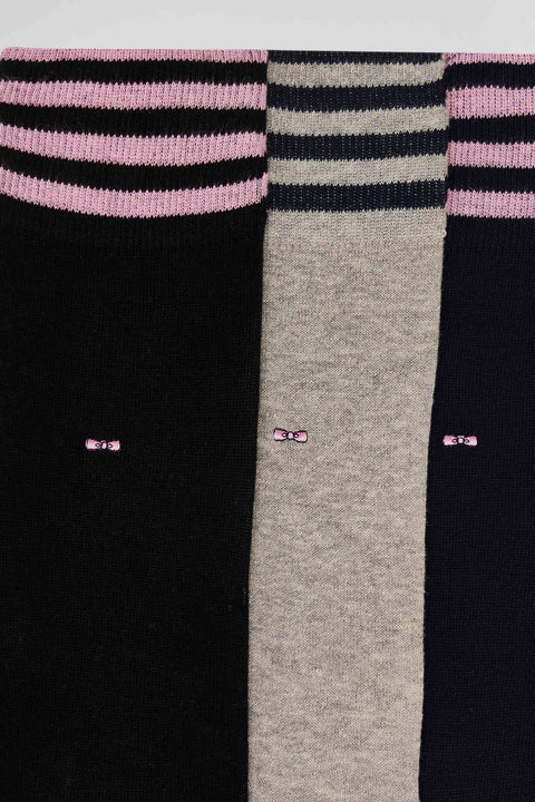 Set of 3 pairs of black stretch cotton socks with striped details - Image 2