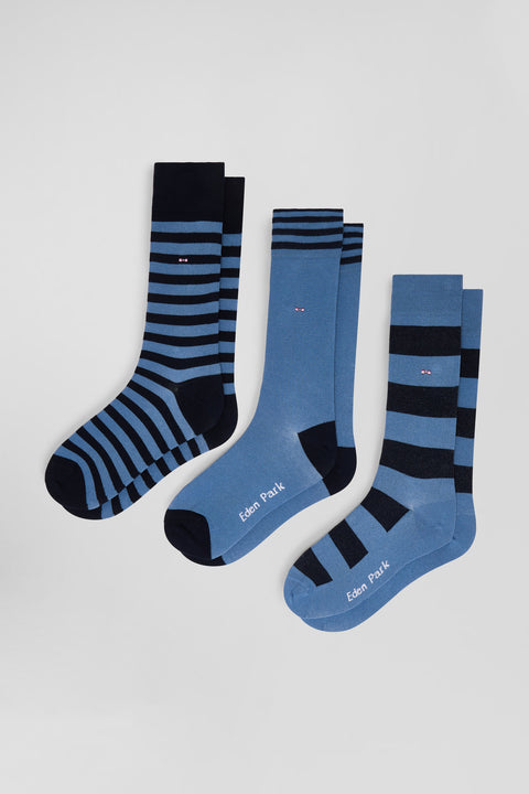 Set of 3 pairs of striped blue stretch cotton socks - Image 1