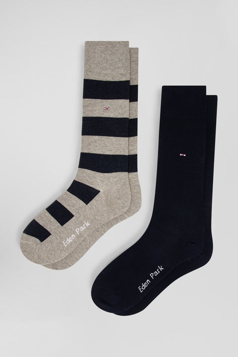 Set of 2 pairs of stretch cotton socks with grey and navy stripes - Image 1