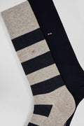 Set of 2 pairs of stretch cotton socks with grey and navy stripes