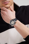 Black leather automatic skeleton watch