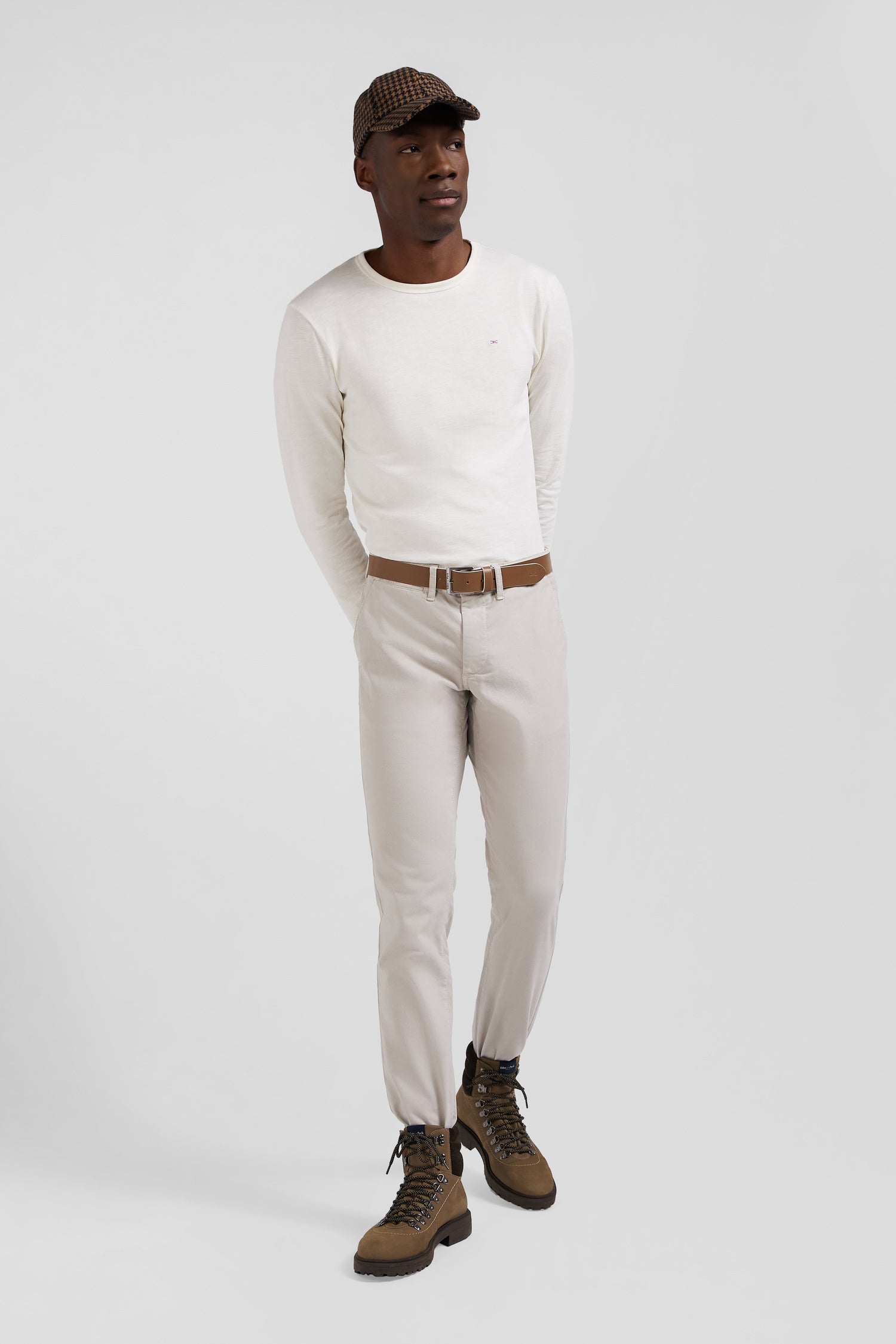 Pantalon chino uni en coton stretch beige coupe Slim