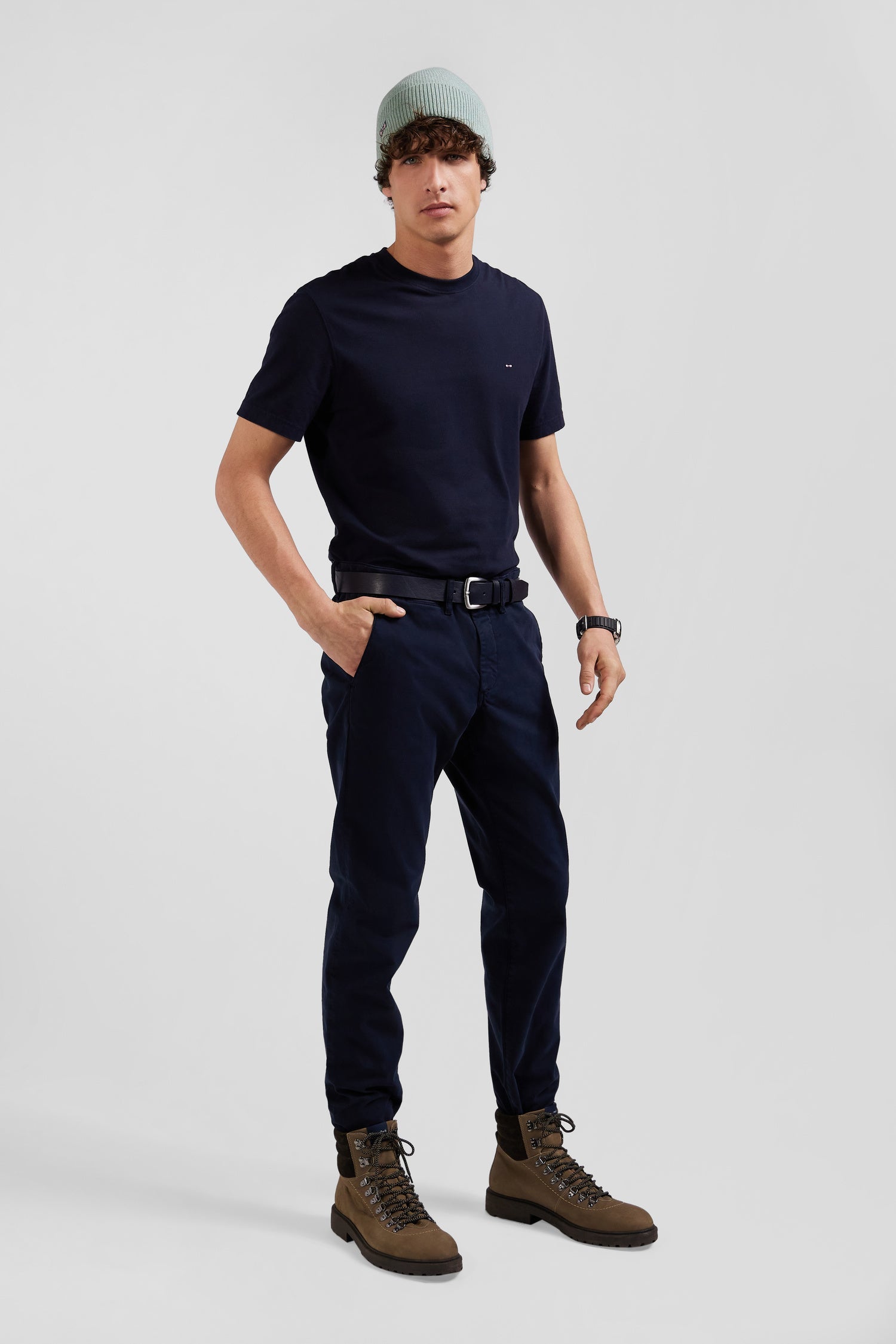 Pantalon chino uni en coton stretch bleu marine coupe Slim