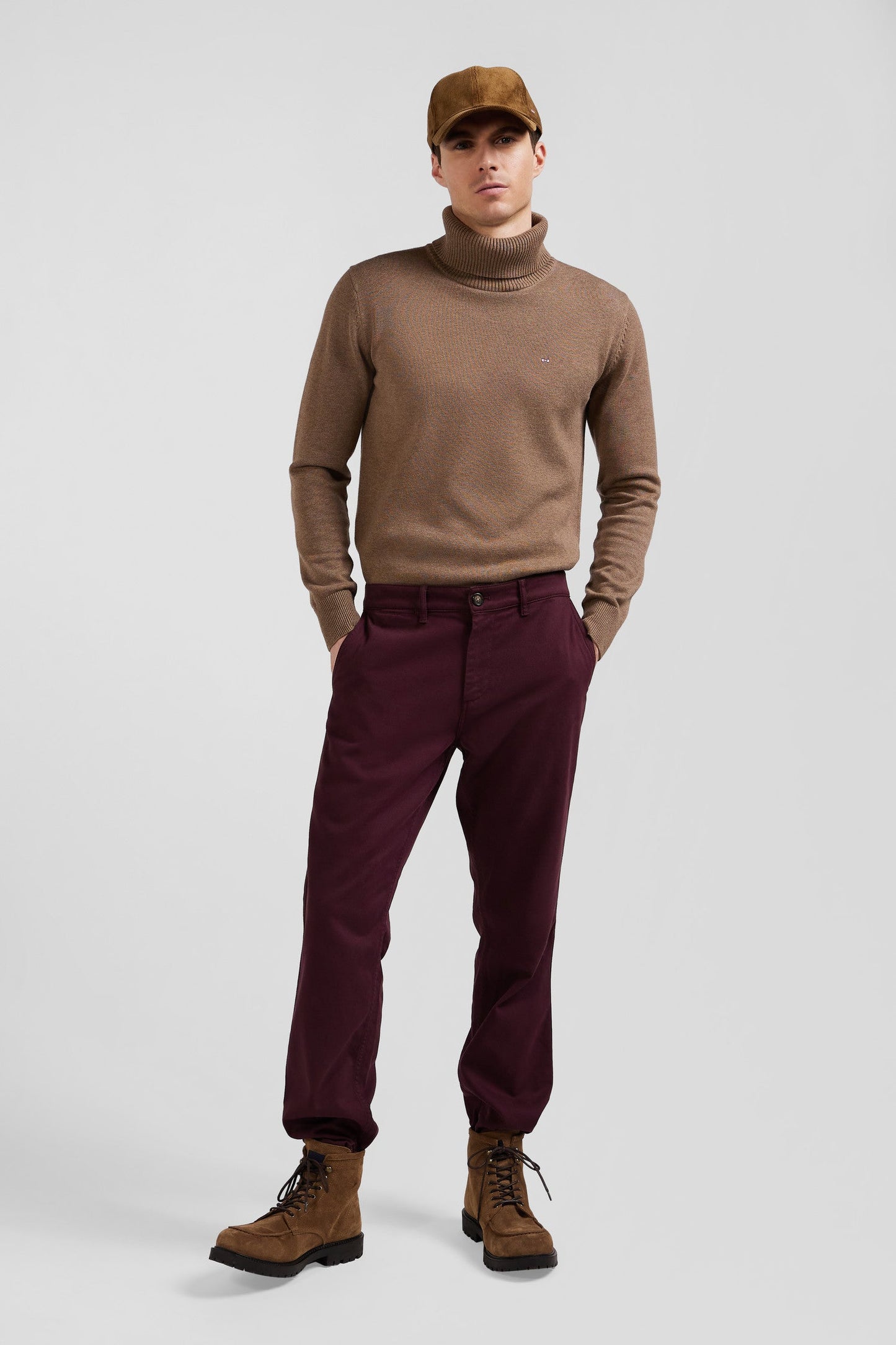 Pantalon chino en piqué de coton stretch et modal bordeaux coupe Regular - Image 3