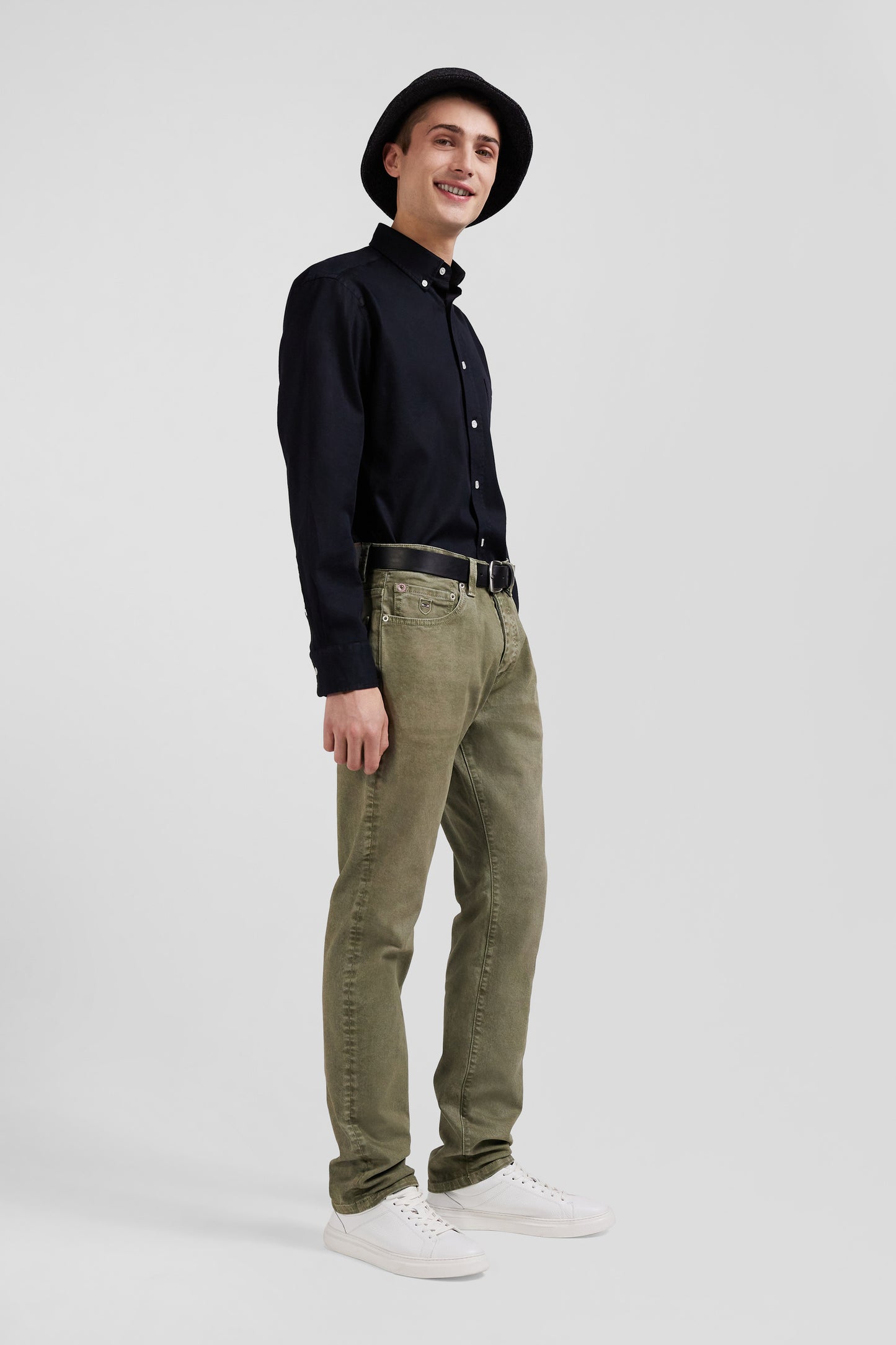 Regular beige stretch cotton 5-pocket trousers