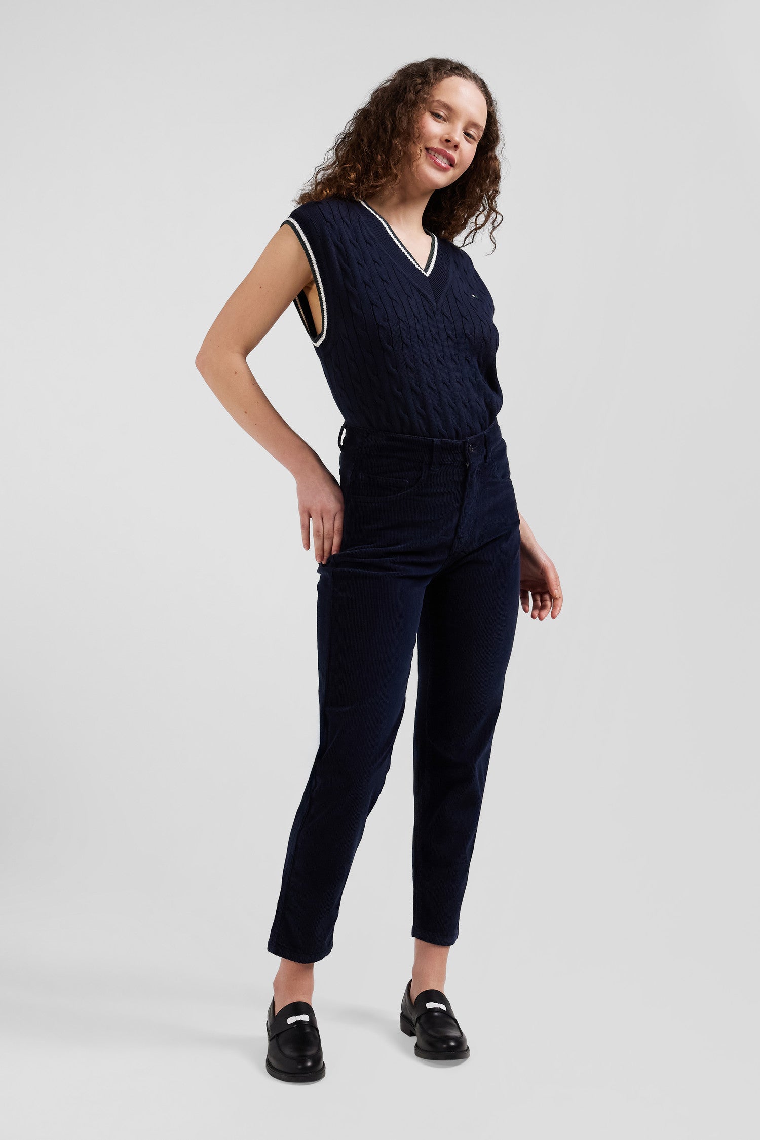 Relax navy cable-knit cotton V-neck sleeveless jumper