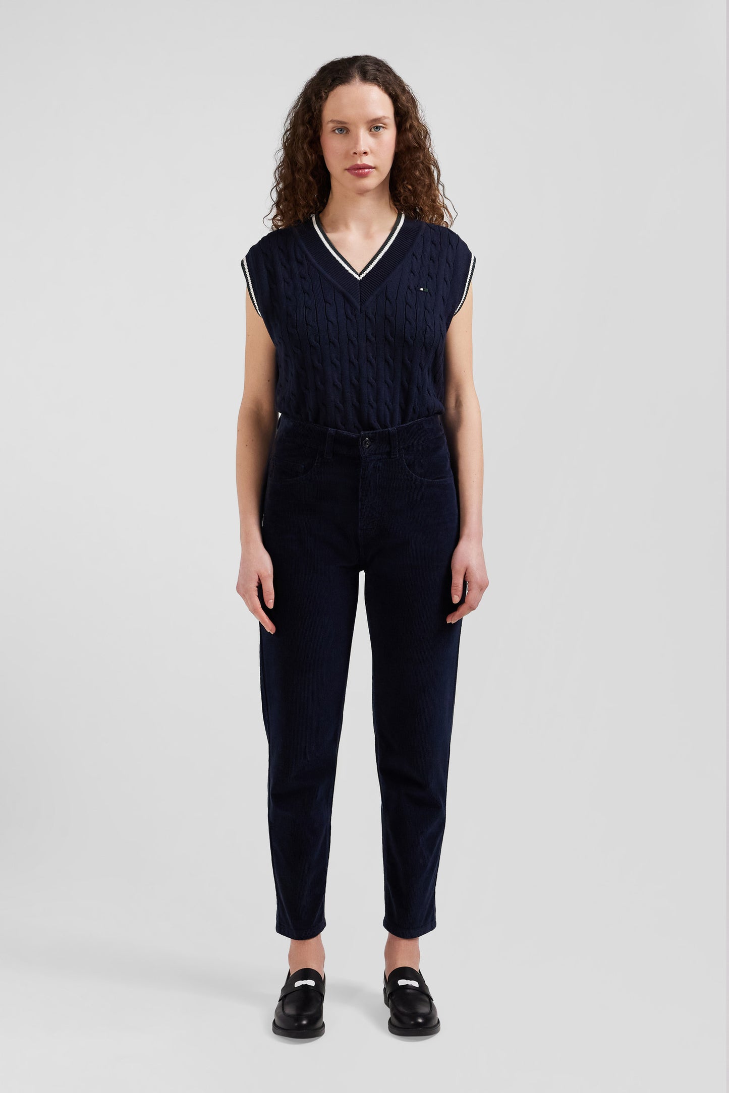 Relax navy cable-knit cotton V-neck sleeveless jumper