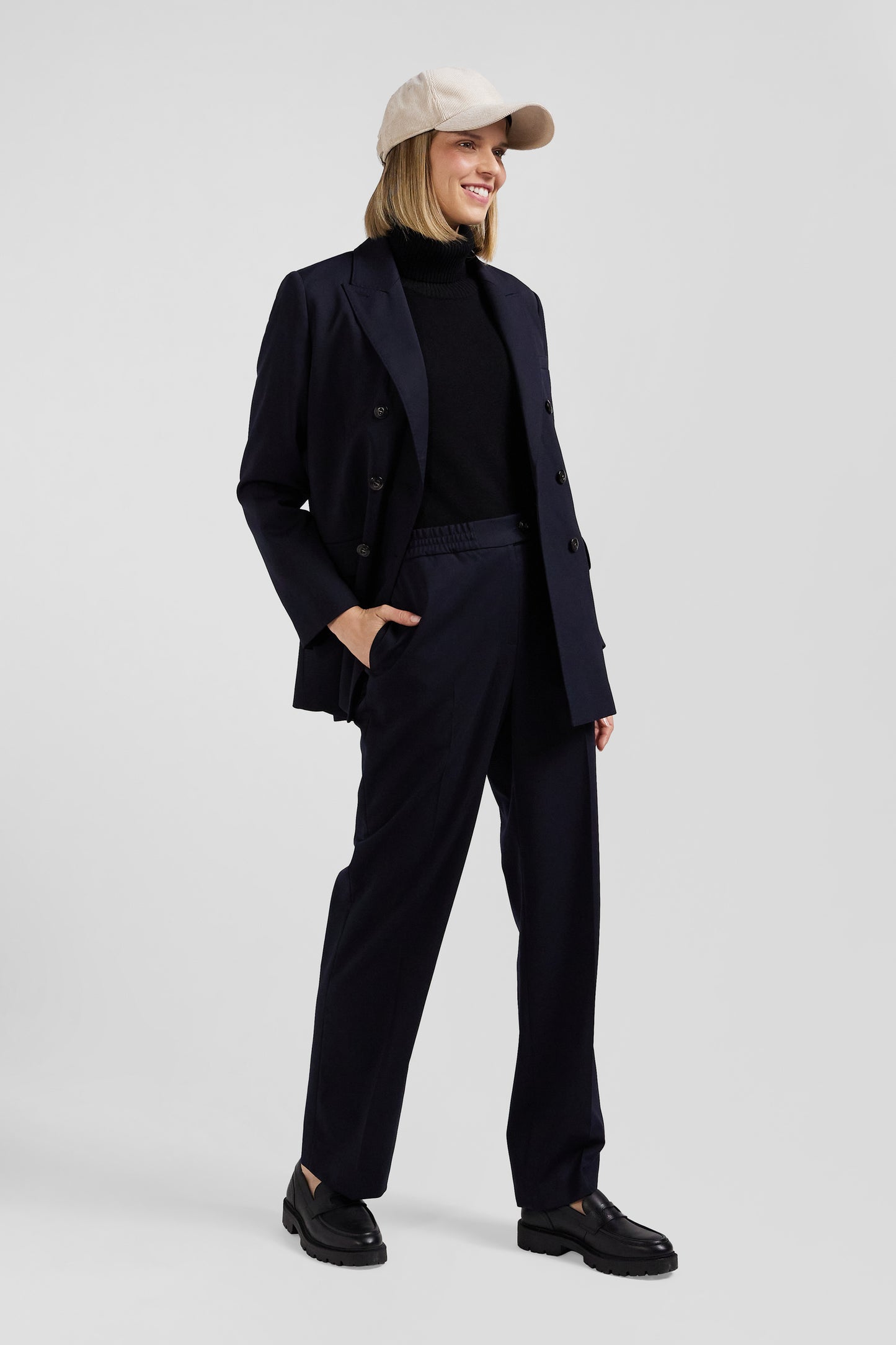 Modern navy blue virgin wool stretch trousers