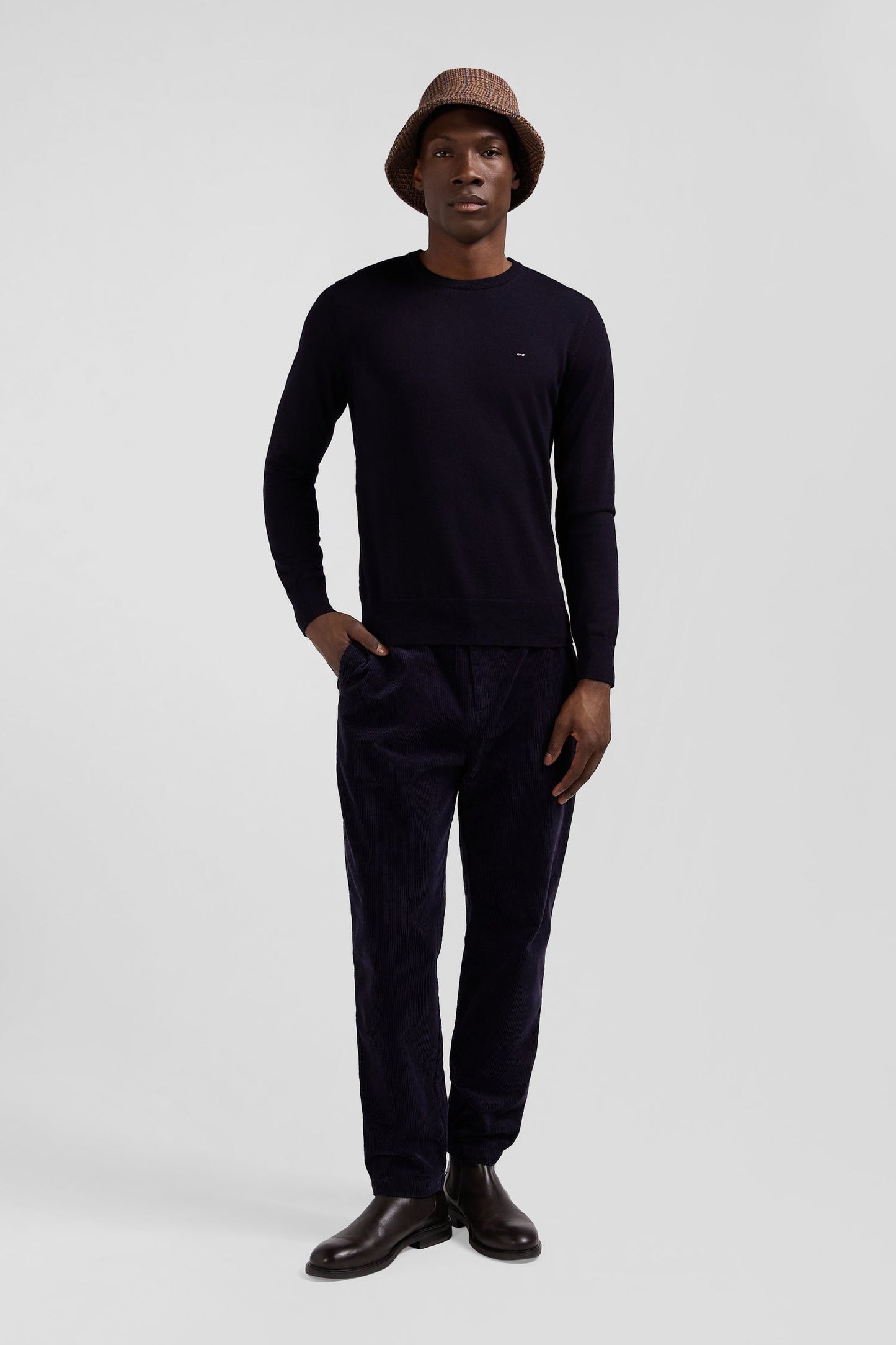 Pantalon à taille élastiquée en coton stretch bleu marine coupe Modern - Image 1