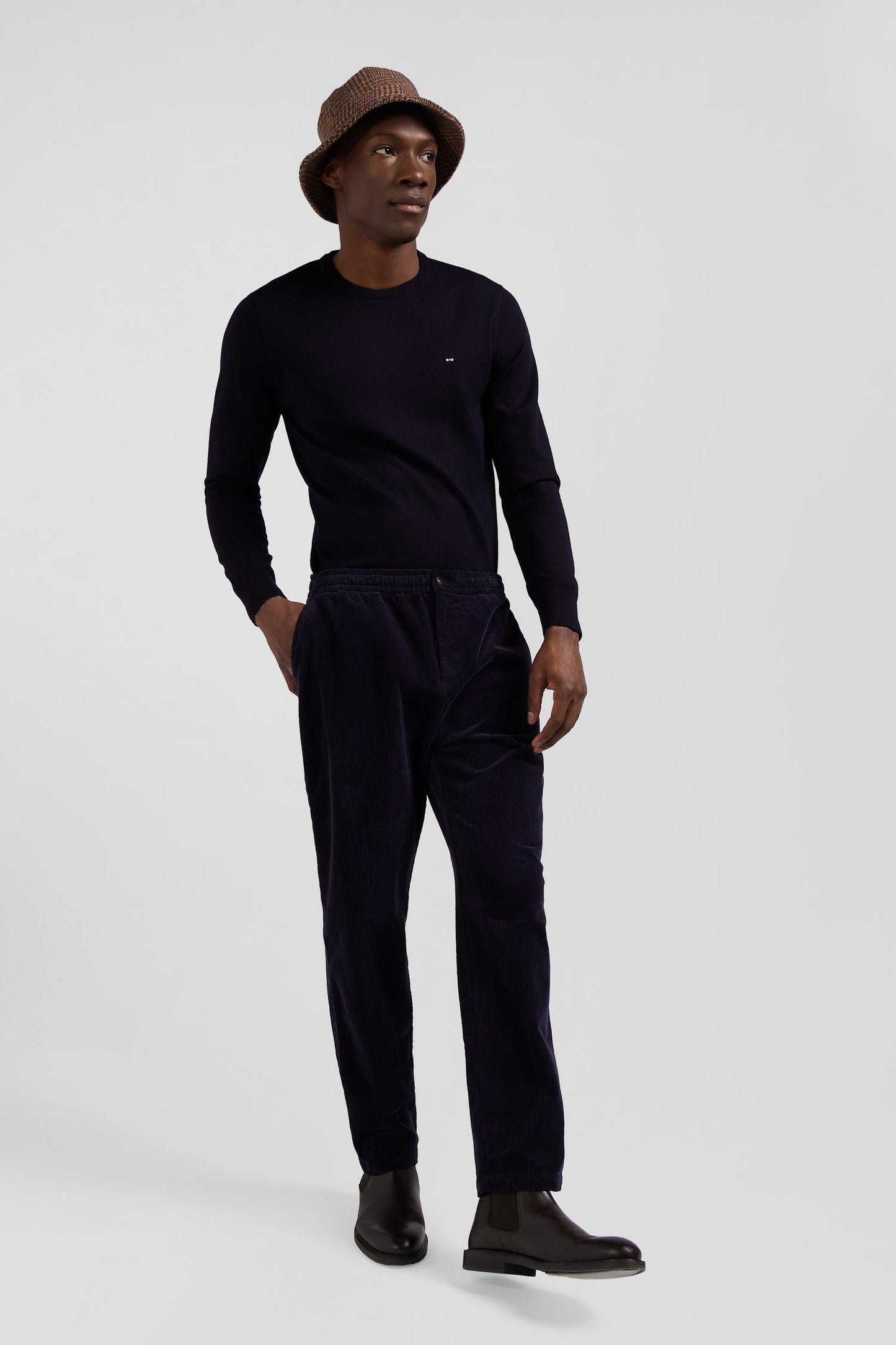 Pantalon à taille élastiquée en coton stretch bleu marine coupe Modern - Image 3