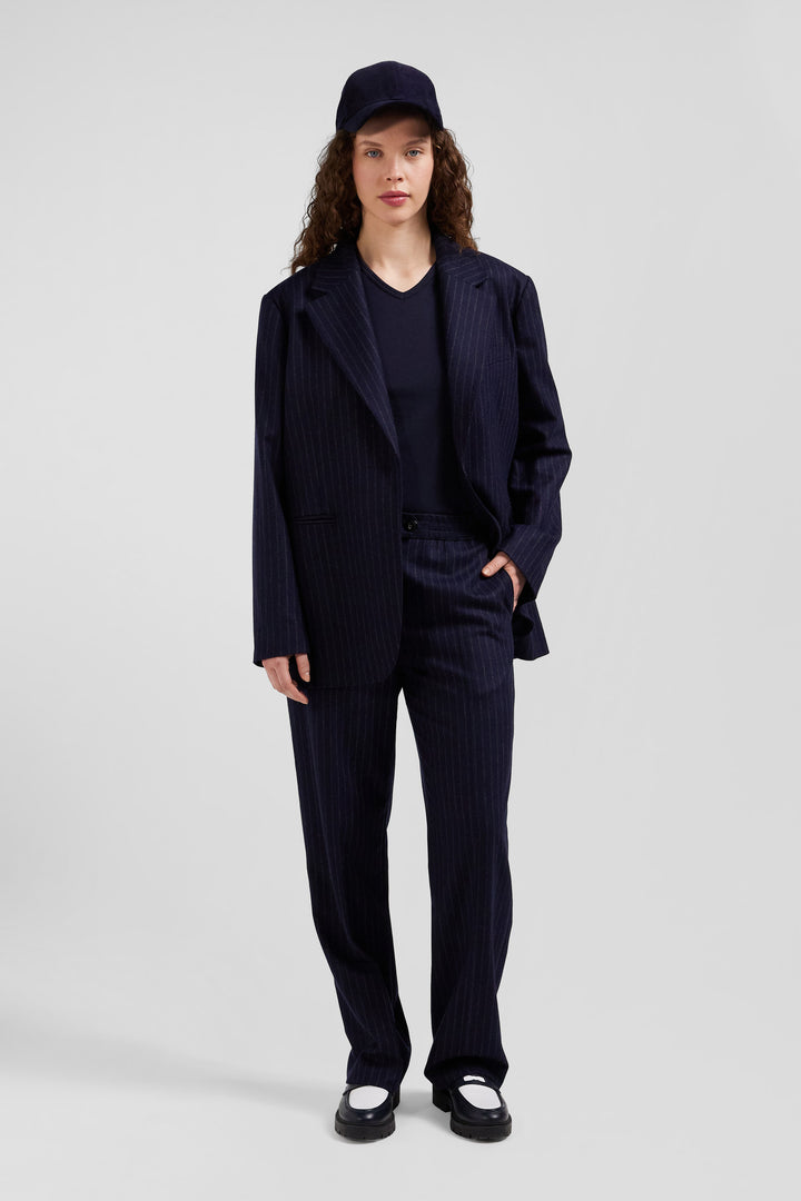 Modern navy blue striped wool trousers