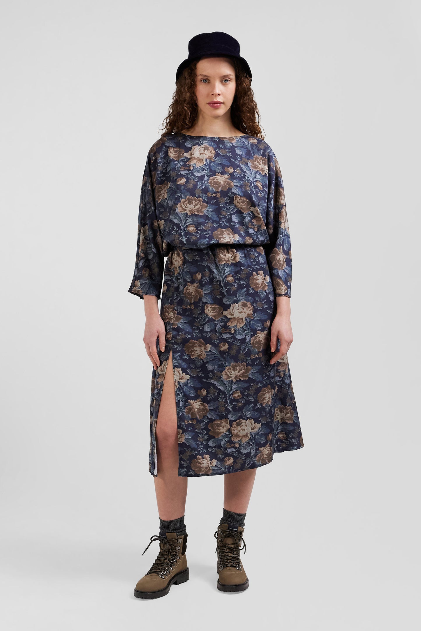 Navy blue lyocell floral dress with long sleeves