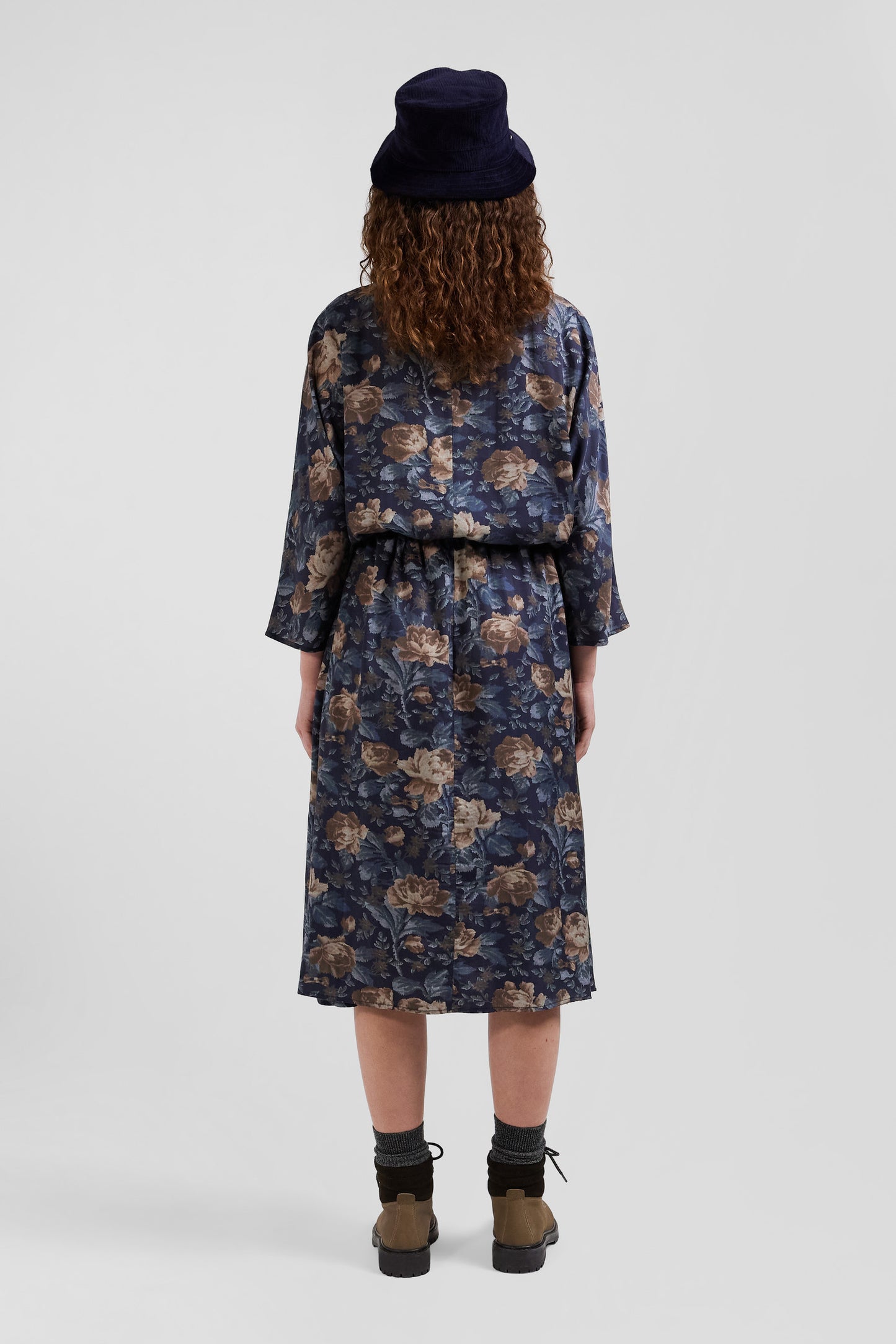 Navy blue lyocell floral dress with long sleeves