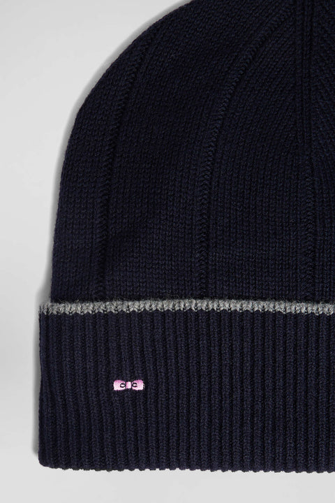 Navy blue cotton and cashmere beanie with contrasting trim - Image 3