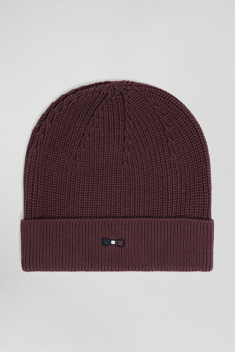 Burgundy knitted cotton beanie with tricolour details - Image 1
